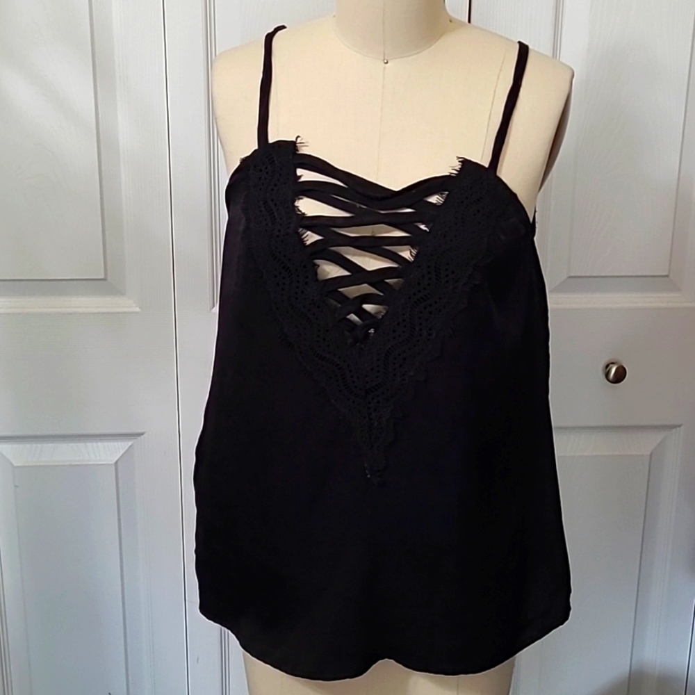 Velvet Criss Cross W/Lace Neckline Sleeveless Top, Size Small, Adjustable Straps